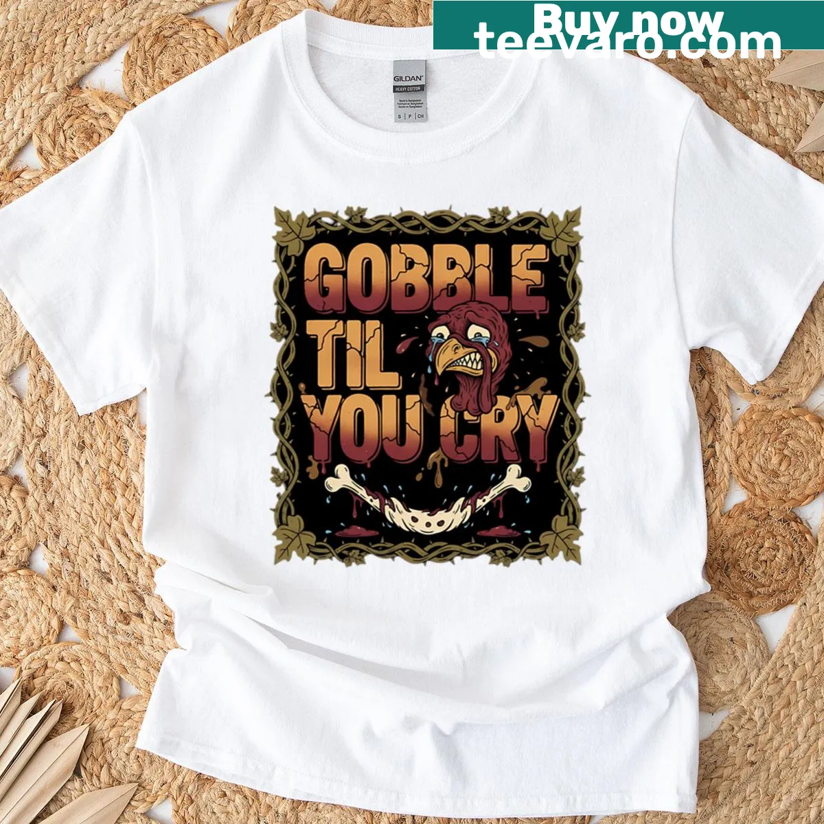 Funny turkey t-shirt with dark humor graphic — on a men's t-shirt