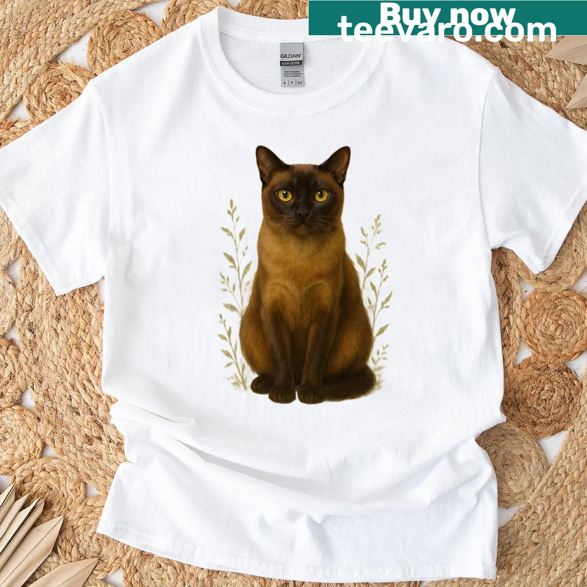 Realistic graphic of a Golden Burmese cat on a T-shirt — on a men's t-shirt