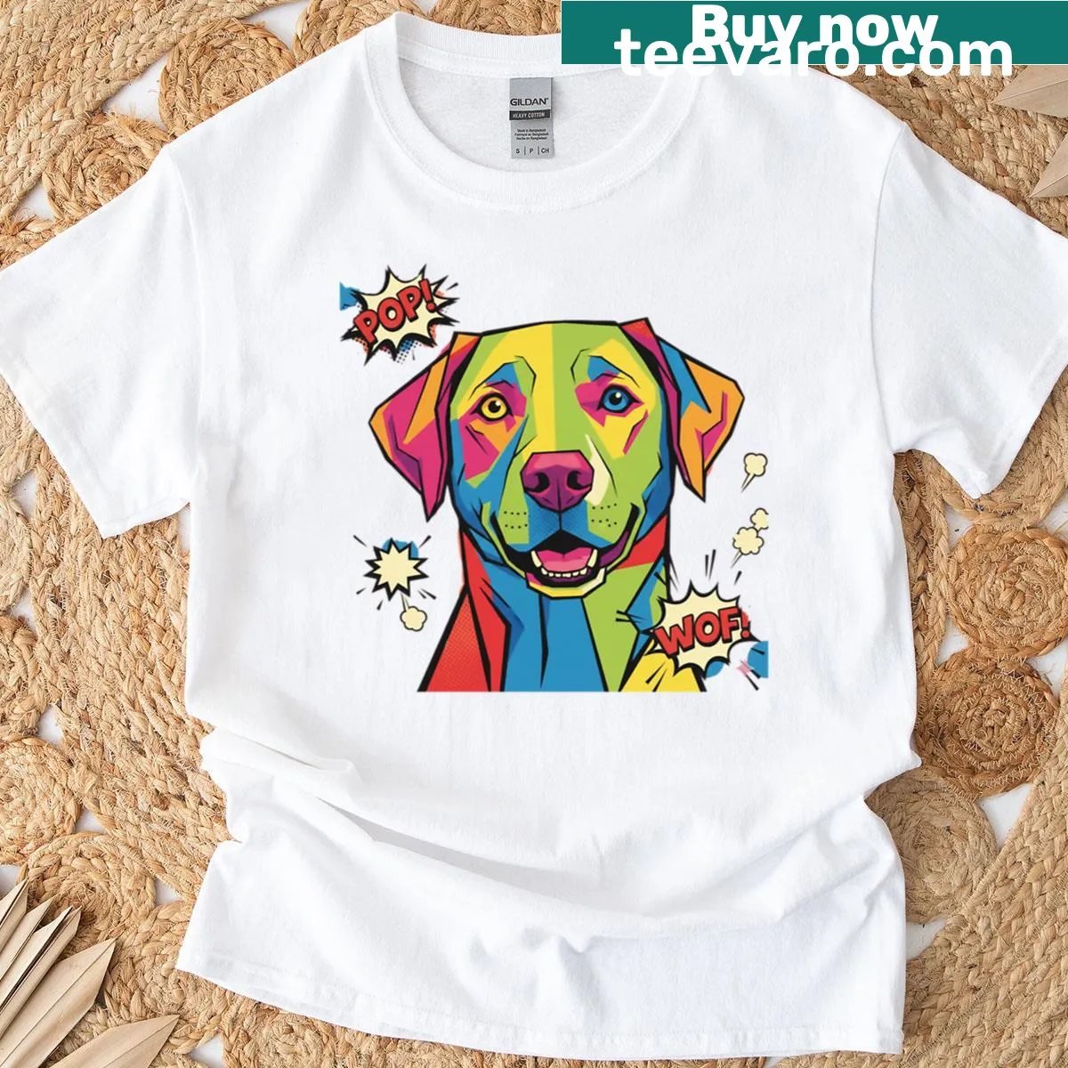 Pop art t-shirt featuring a colorful golden retriever illustration — on a men's t-shirt
