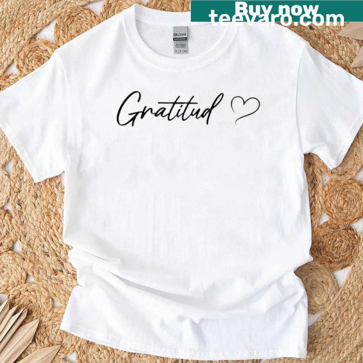 Minimalist motivational phrase t-shirt focusing on gratitude and heart — on a men's t-shirt