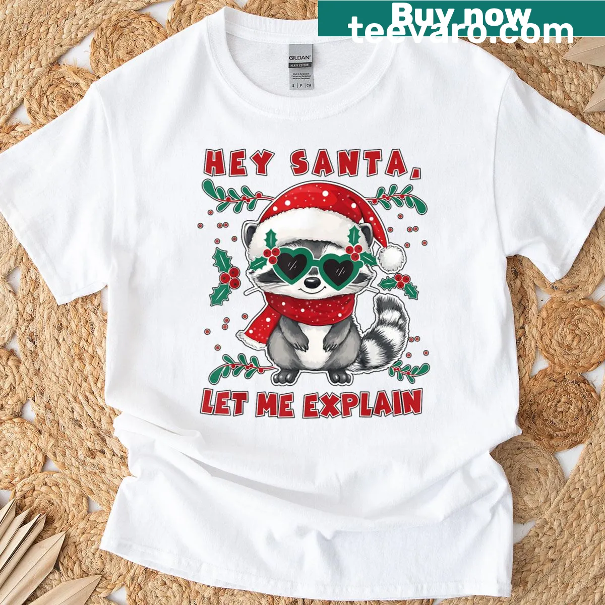 Funny Christmas T-shirt with a raccoon and text: 'Hey Santa, Let Me Explain' — on a men's t-shirt