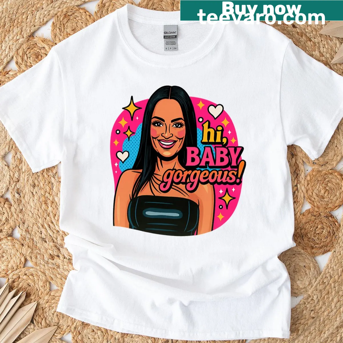 Pop art t-shirt with 'Hi Baby Gorgeous' phrase in playful design — on a men's t-shirt