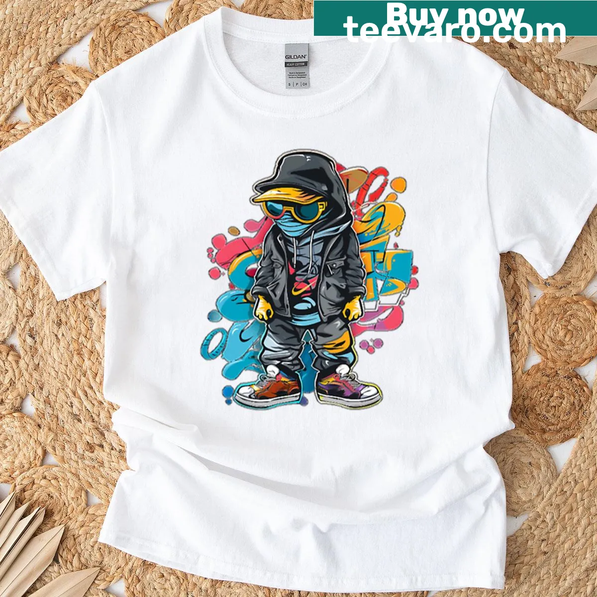 T-shirt featuring a red masked figure in street style illustration — on a men's t-shirt