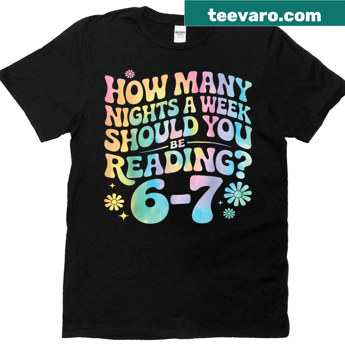 Playful text about reading nights on a tie-dye T-shirt — on a men's t-shirt