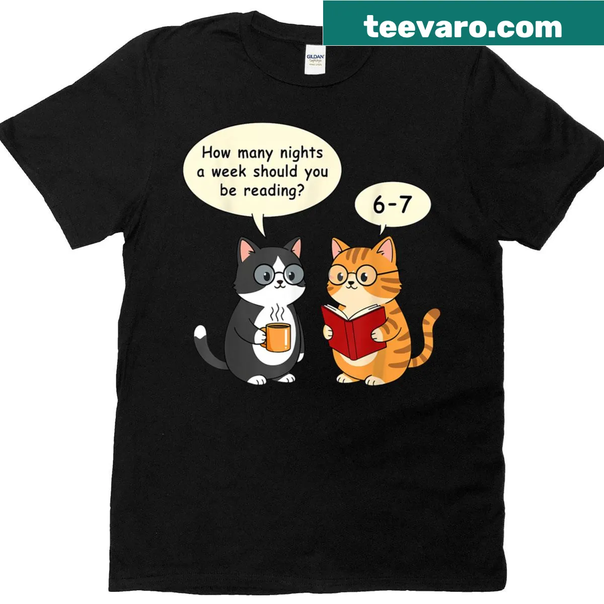 T-shirt featuring 'How Many Nights Reading 67?' with cat graphics — on a men's t-shirt