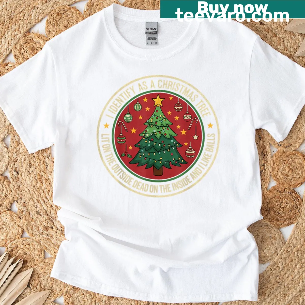 Funny Christmas tree themed t-shirt with humorous text — on a men's t-shirt