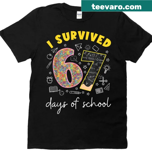 Funny T-shirt with text: I Survived 67 Days Of School with rainbow design