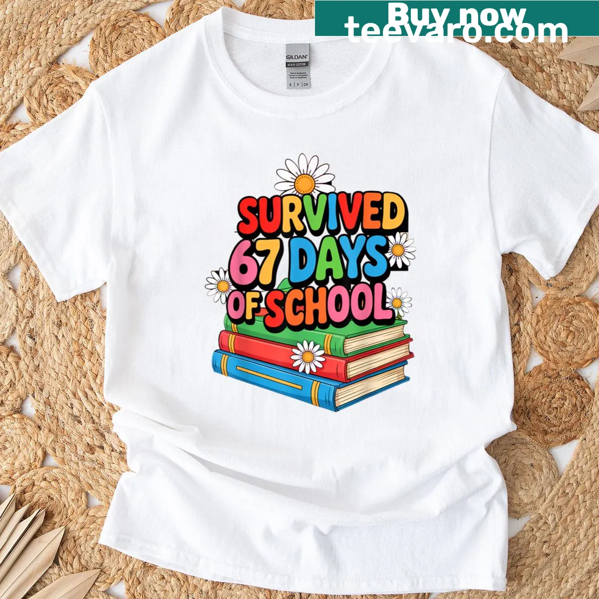 Funny t-shirt celebrating surviving 67 days of school for students — on a men's t-shirt
