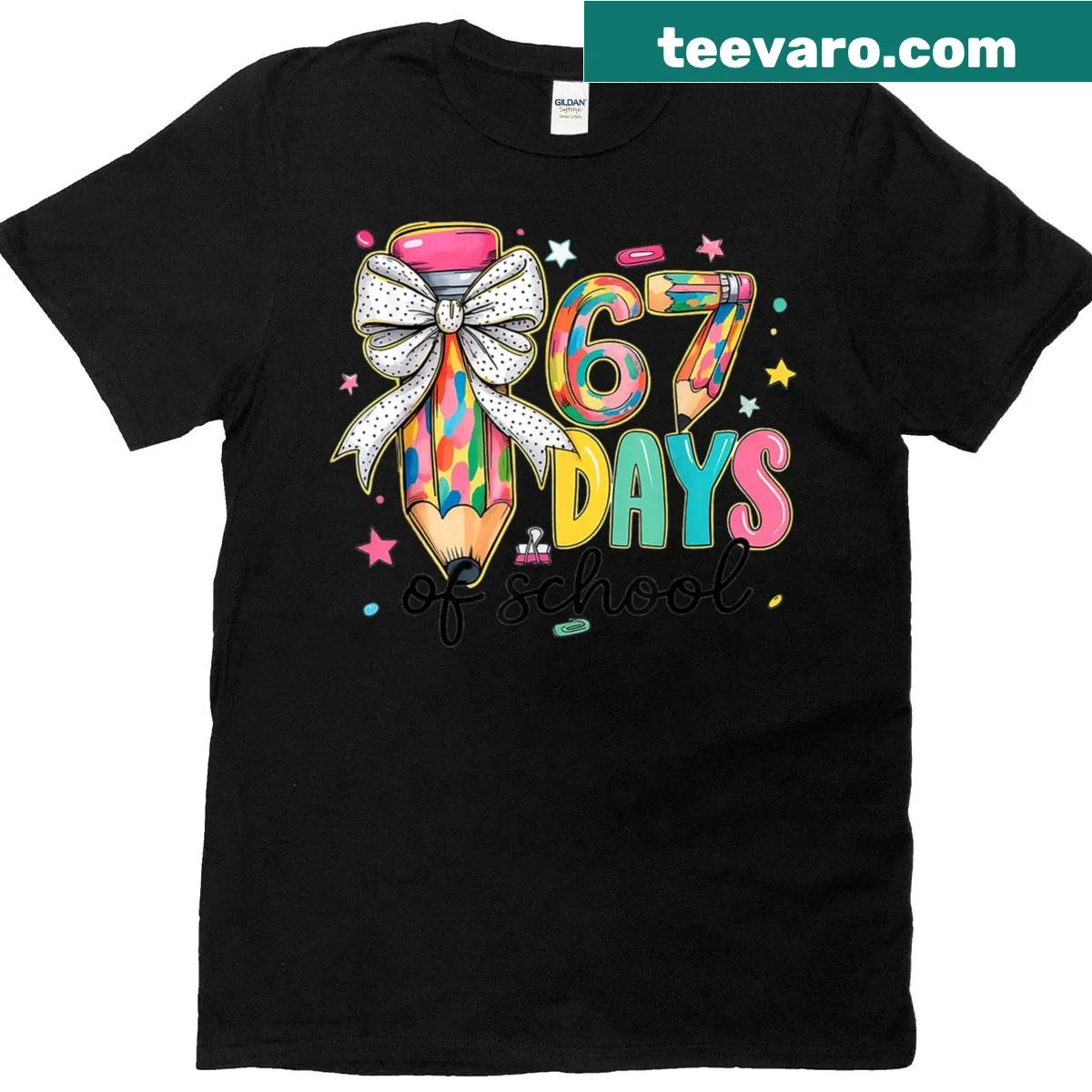 Funny T-shirt celebrating survival of 67 school days with humorous illustration — on a men's t-shirt