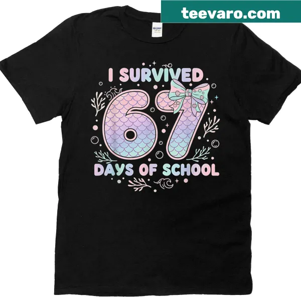 Whimsical mermaid with bow design for girls' T-shirt celebrating 67 days of school