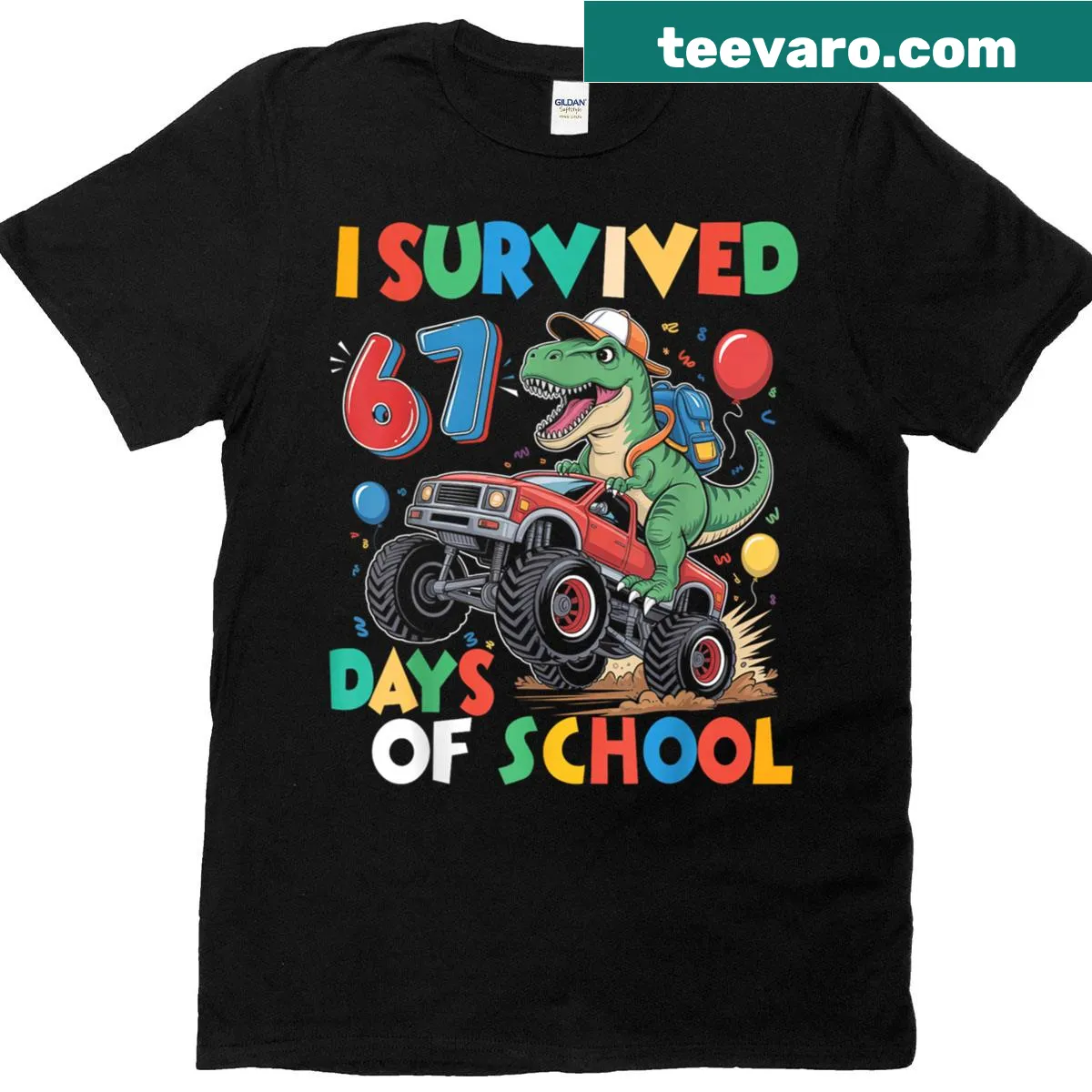 Funny T-Rex school t-shirt celebrating survival of 67 days. — on a men's t-shirt