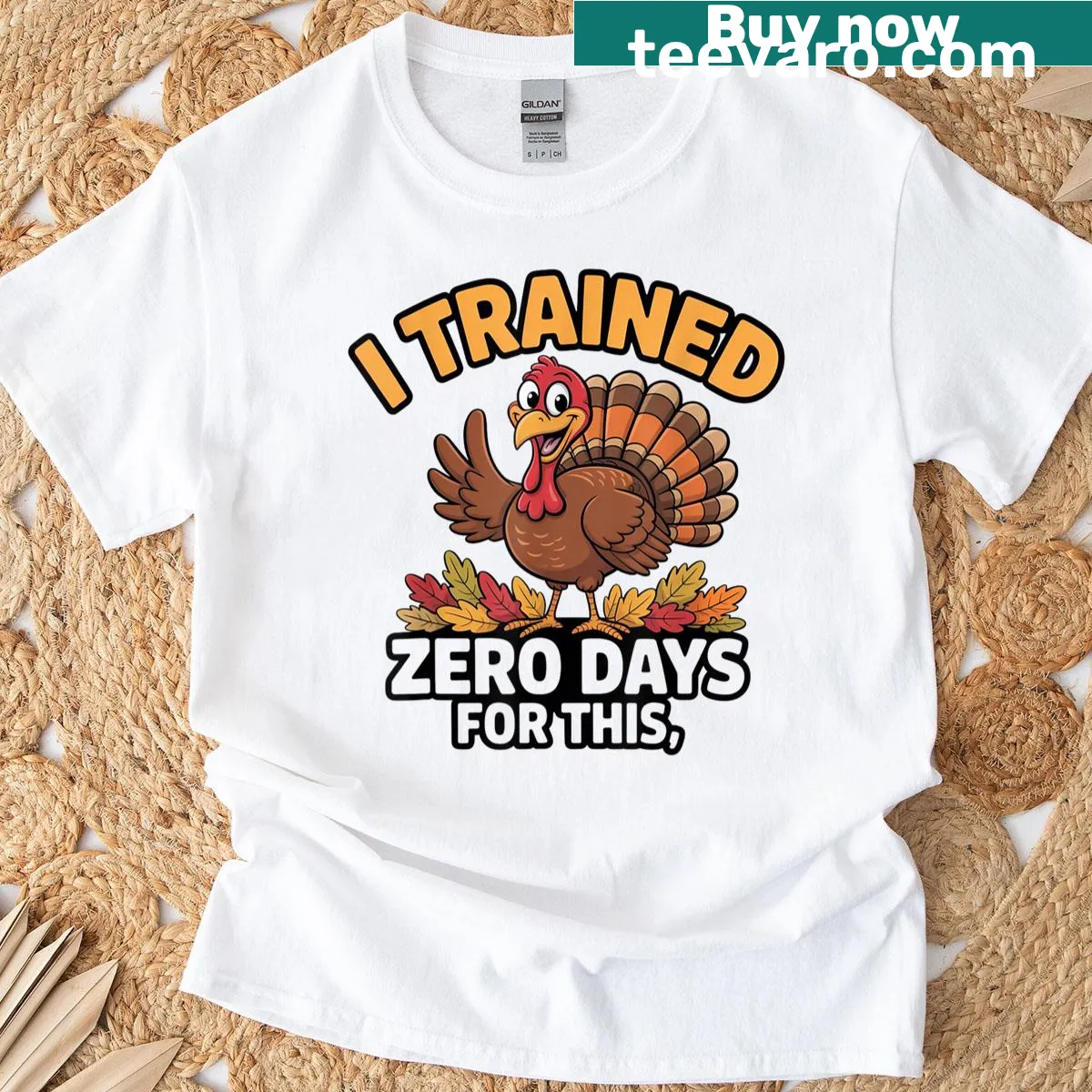 Thanksgiving T-shirt with a running turkey graphic and humorous text — on a men's t-shirt
