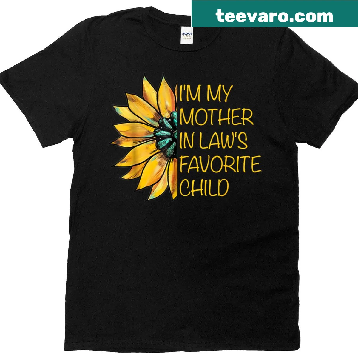 Sunflower graphic T-shirt with text: I'm My Mother In Law's Favorite Child — on a men's t-shirt