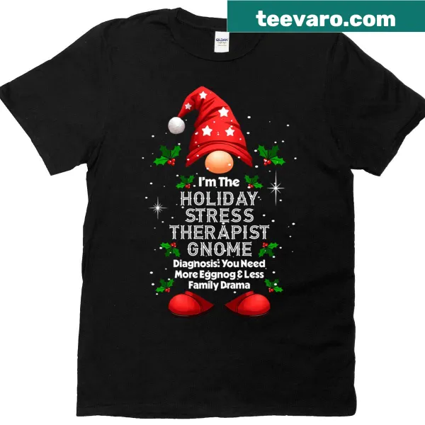 Gnome-themed holiday t-shirt with a playful festive design