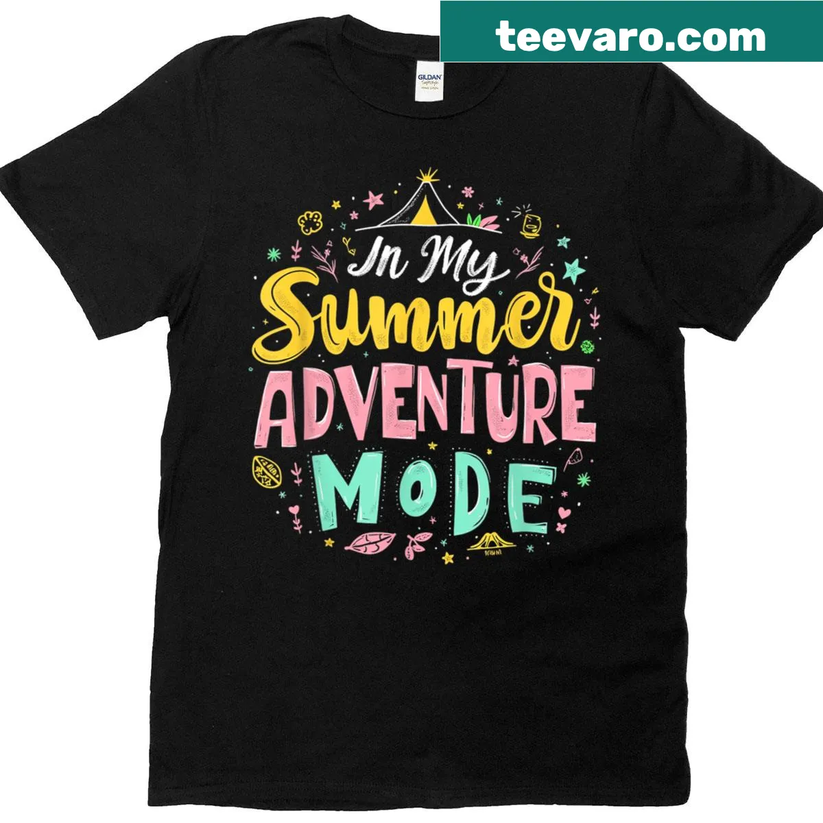 Playful T-shirt stating 'In My Summer Adventure Mode' with fun graphics — on a men's t-shirt