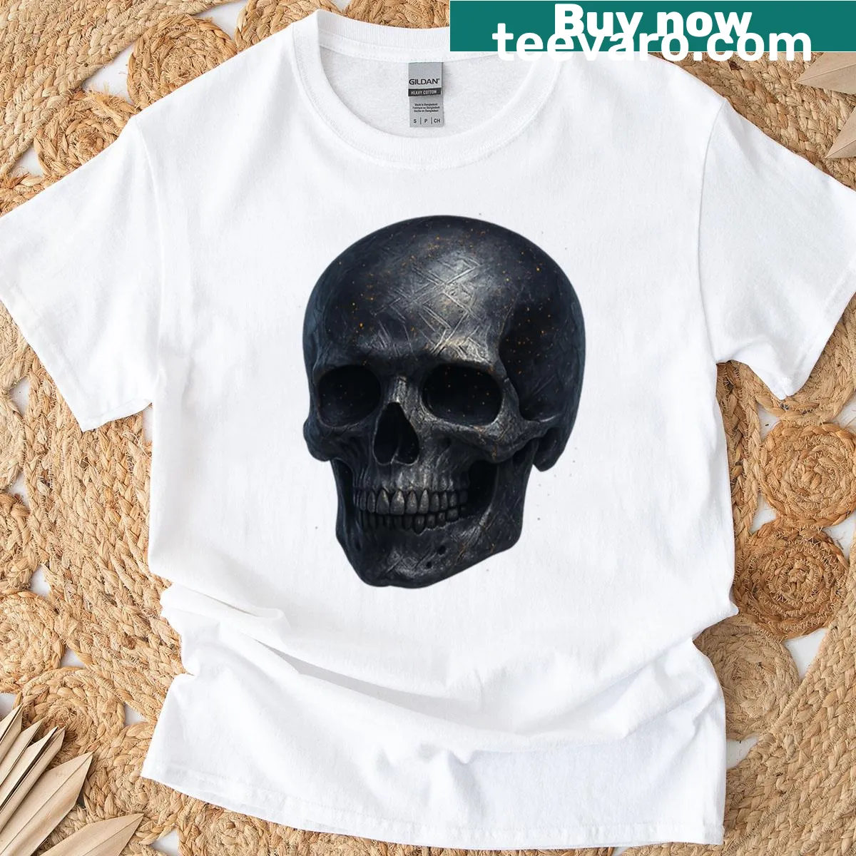 Jade skull with golden filigree design on a t-shirt — on a men's t-shirt