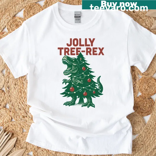 Funny T-shirt with a T-Rex decorated as a Christmas tree