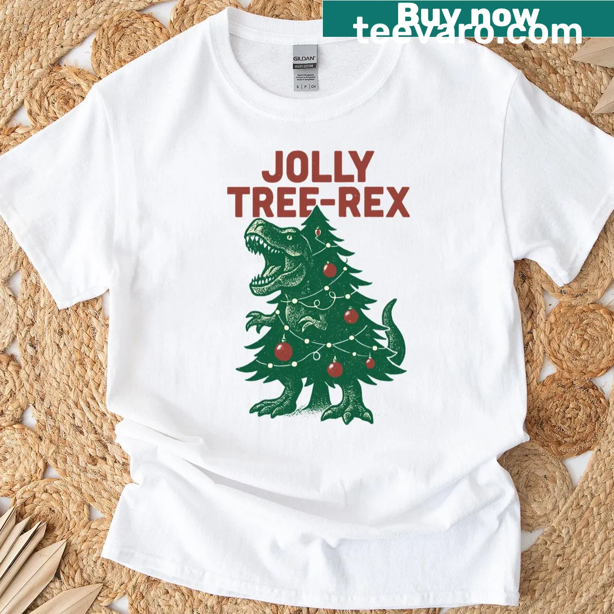 Funny T-shirt with a T-Rex decorated as a Christmas tree — on a men's t-shirt