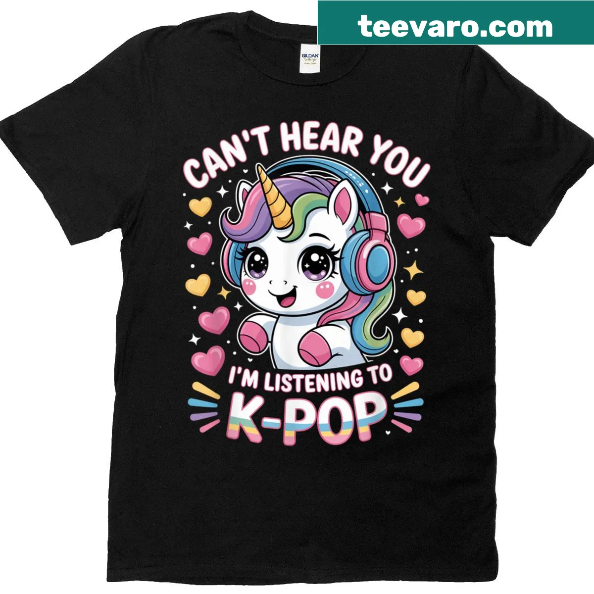 Cute kawaii tee with Can't Hear You I'm Listening To K-pop text — on a men's t-shirt