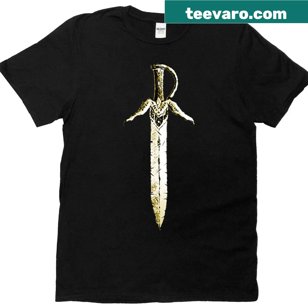 Knight Kristain T-shirt featuring an illustration of a dagger-wielding knight — on a men's t-shirt