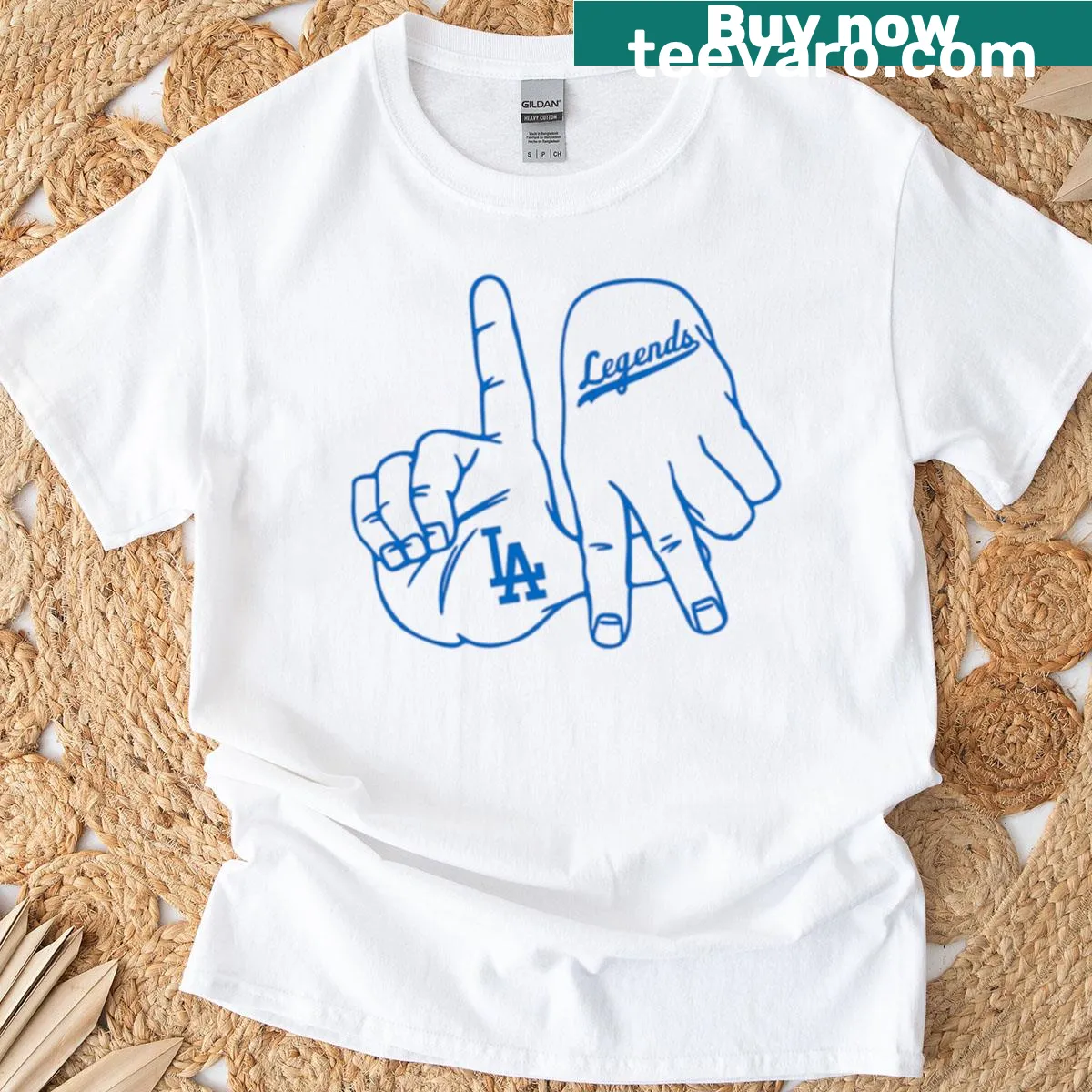 Retro baseball fan T-shirt with hand sign graphic — on a men's t-shirt