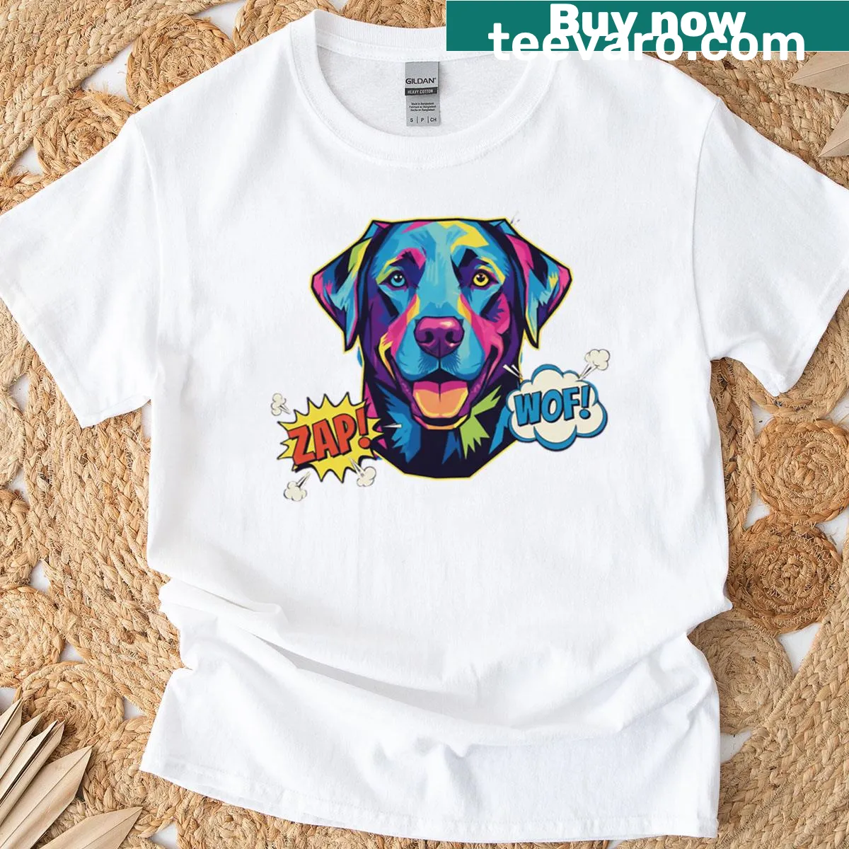 Pop art t-shirt featuring a playful illustration of a Labrador — on a men's t-shirt