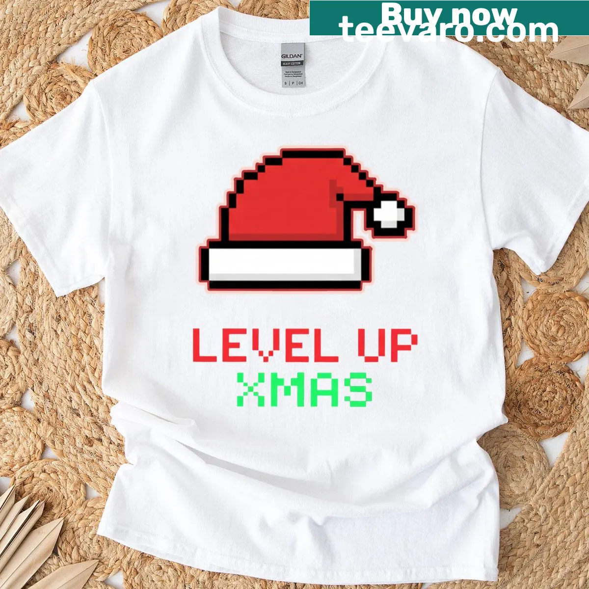 Funny gamer Christmas T-shirt with retro pixel art and hat. — on a men's t-shirt