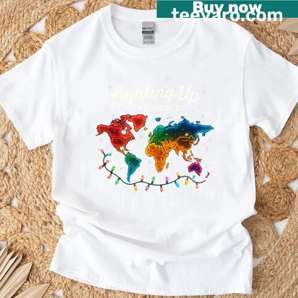 World map with colorful Christmas lights graphic T-shirt