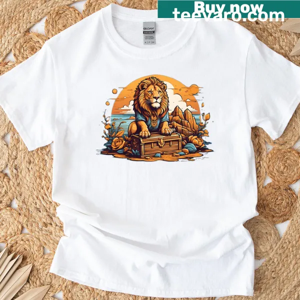 T-shirt featuring a lion and a hidden treasure chest illustration