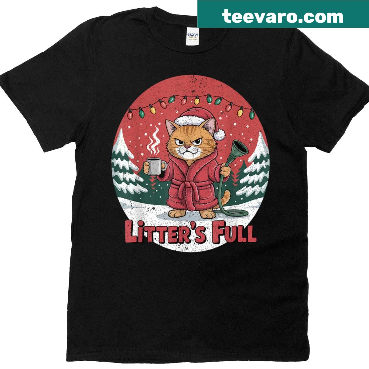 Funny Christmas T-shirt for cat lovers with humorous text about litter — on a men's t-shirt