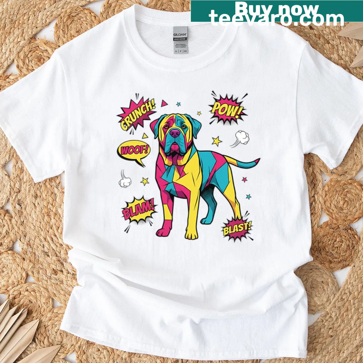 Bold pop art graphic t-shirt featuring comic-style imagery — on a men's t-shirt