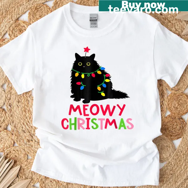 Funny Christmas T-shirt featuring a black cat and festive lights