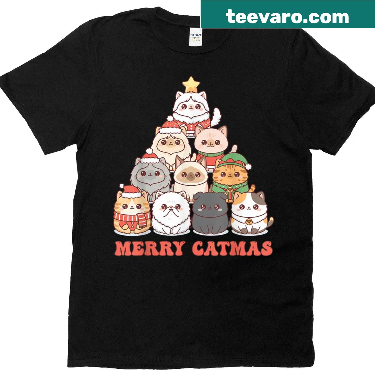 Kawaii T-shirt with cute cats around a Christmas tree, celebrating Catmas — on a men's t-shirt