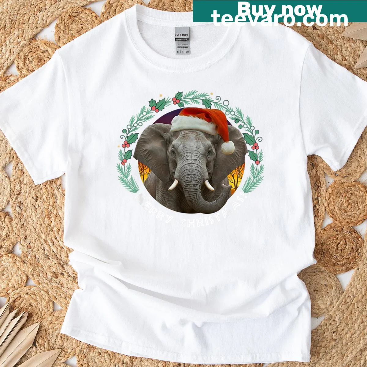 Funny Christmas T-shirt with an African elephant design. — on a men's t-shirt