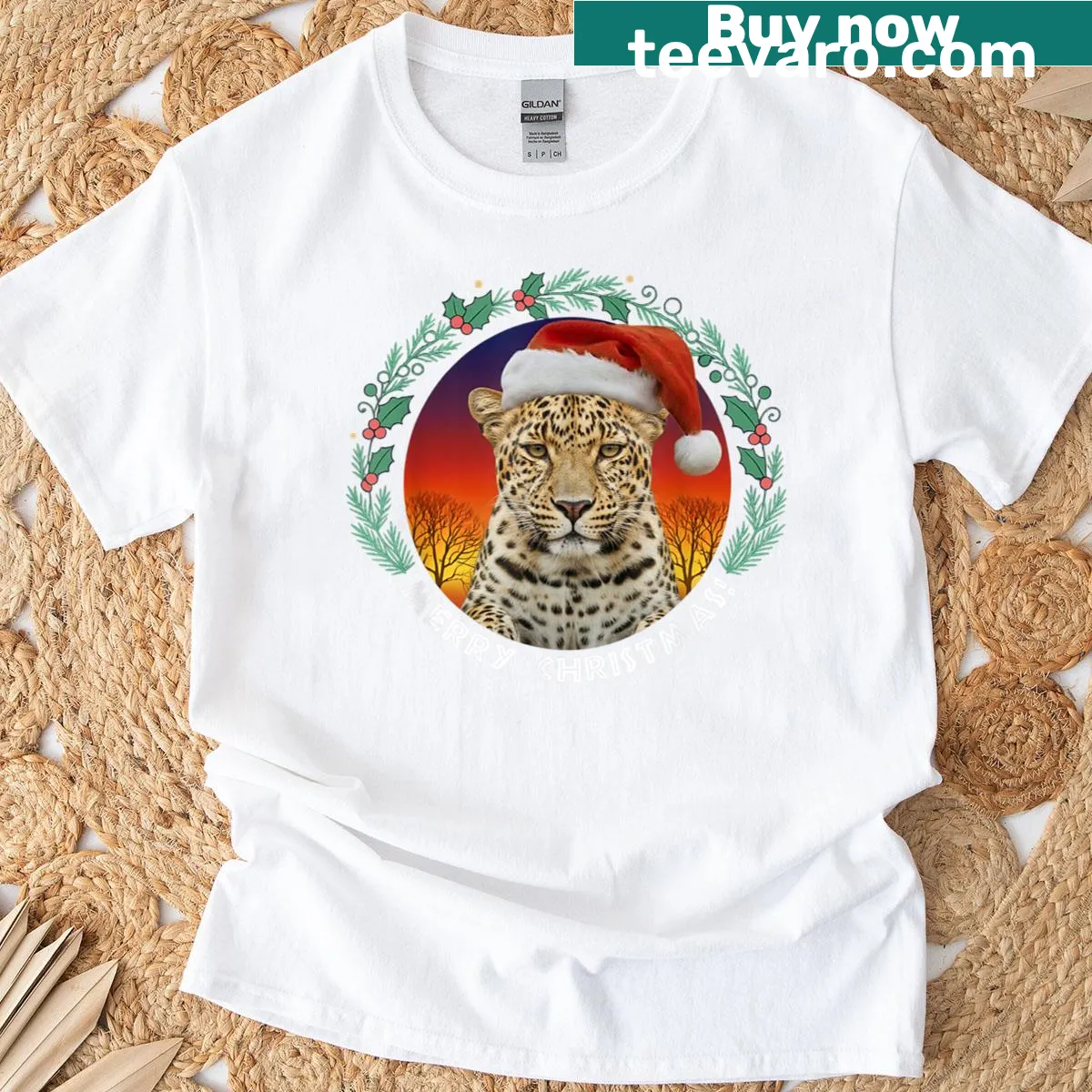 Funny holiday t-shirt featuring a cartoon African leopard for Christmas — on a men's t-shirt