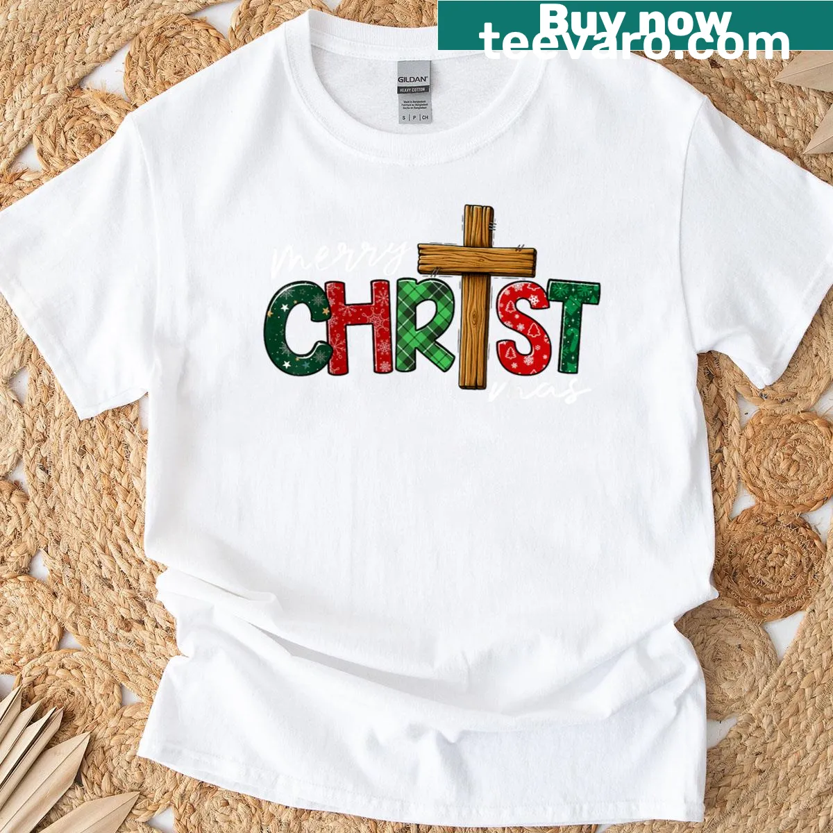 Christmas T-shirt with a wholesome illustration of family and faith — on a men's t-shirt