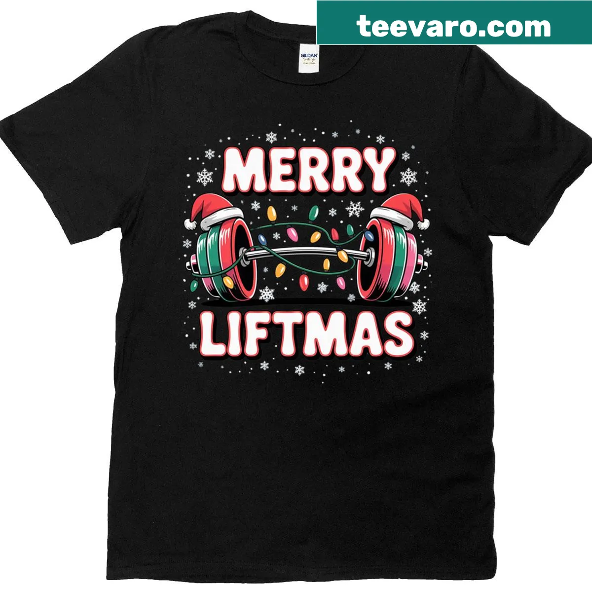 Funny gym-themed Christmas graphic on a T-shirt. — on a men's t-shirt