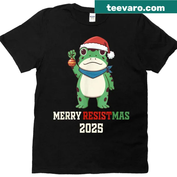 Playful frog-themed Christmas T-shirt with a resistance theme