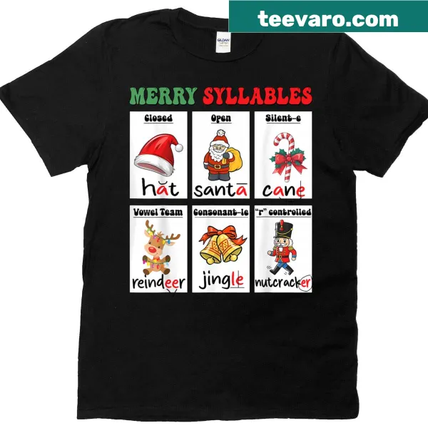 Educational Merry Syllables Teacher T-shirt with festive designs