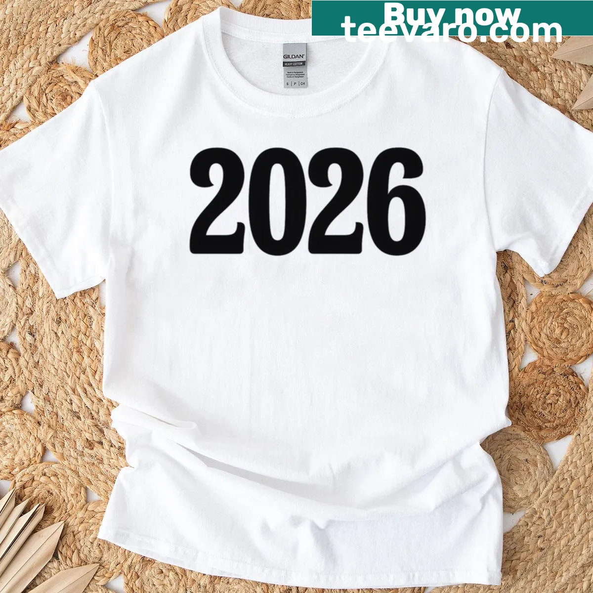 Minimalist T-shirt with the year 2026 in sleek font — on a men's t-shirt