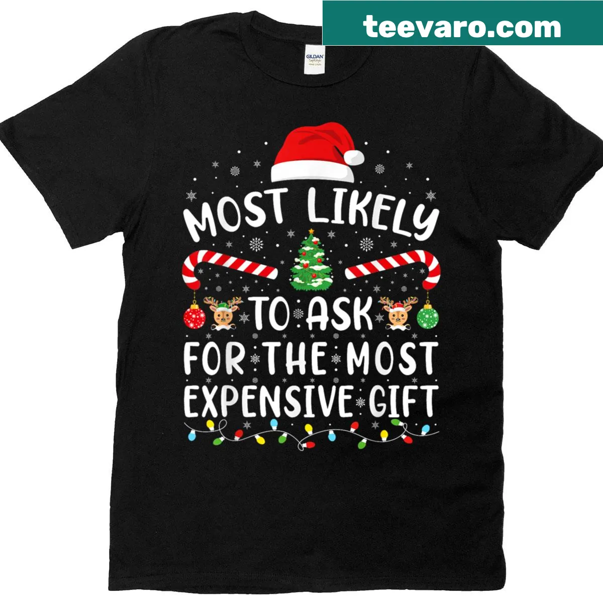 Sarcastic Christmas tee about expensive gift requests — on a men's t-shirt