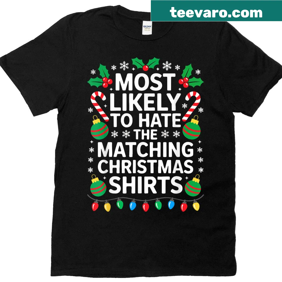 Funny Christmas t-shirt with text about hating matching outfits — on a men's t-shirt