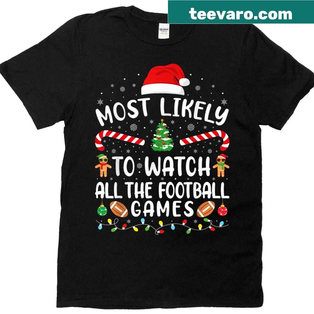 Funny Christmas t-shirt for football fans watching all games — on a men's t-shirt
