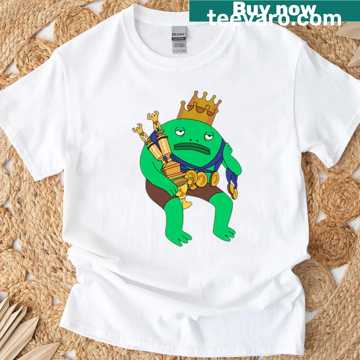 Cartoon of Mr Frog in a playful pose, fun design — on a men's t-shirt