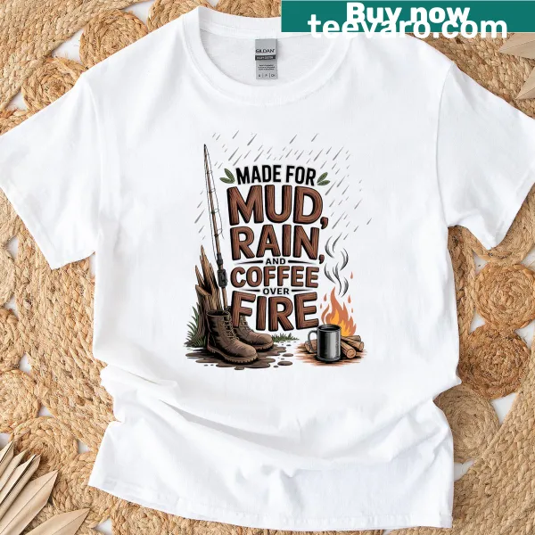 Retro design of coffee, rain, and fire on T-shirt