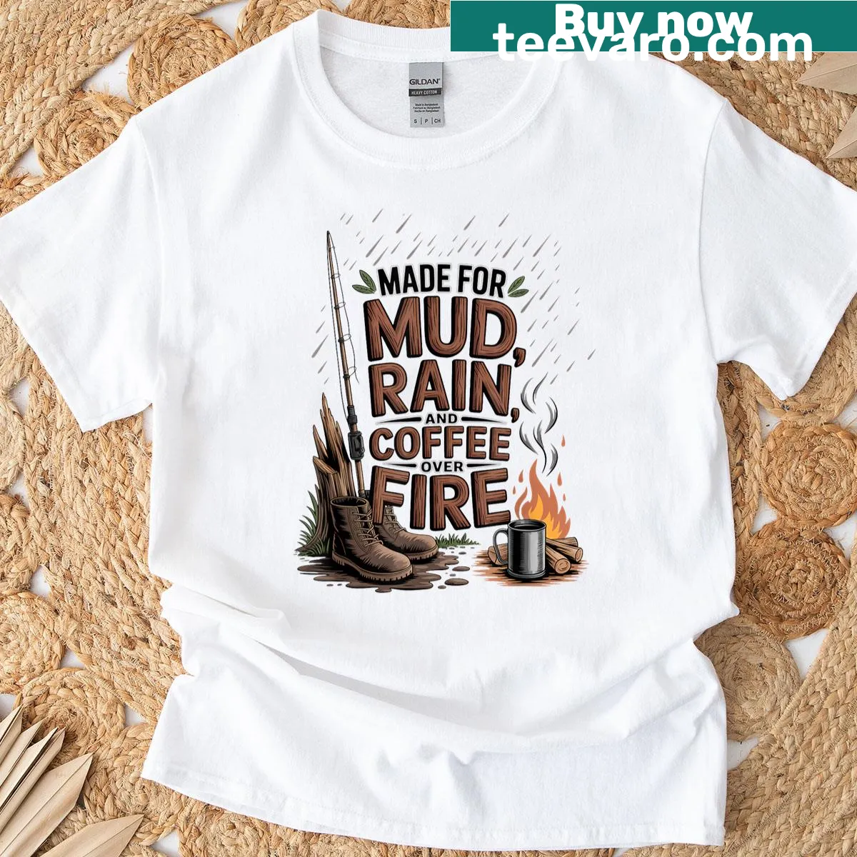 Retro design of coffee, rain, and fire on T-shirt — on a men's t-shirt