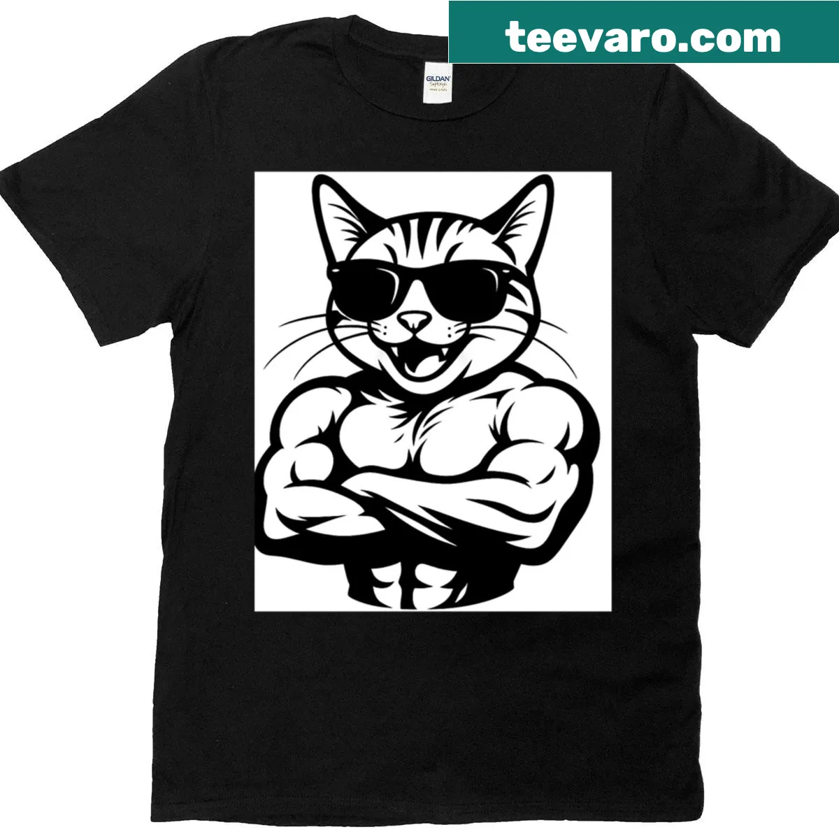 T-shirt featuring a muscular cat with sunglasses illustration — on a men's t-shirt