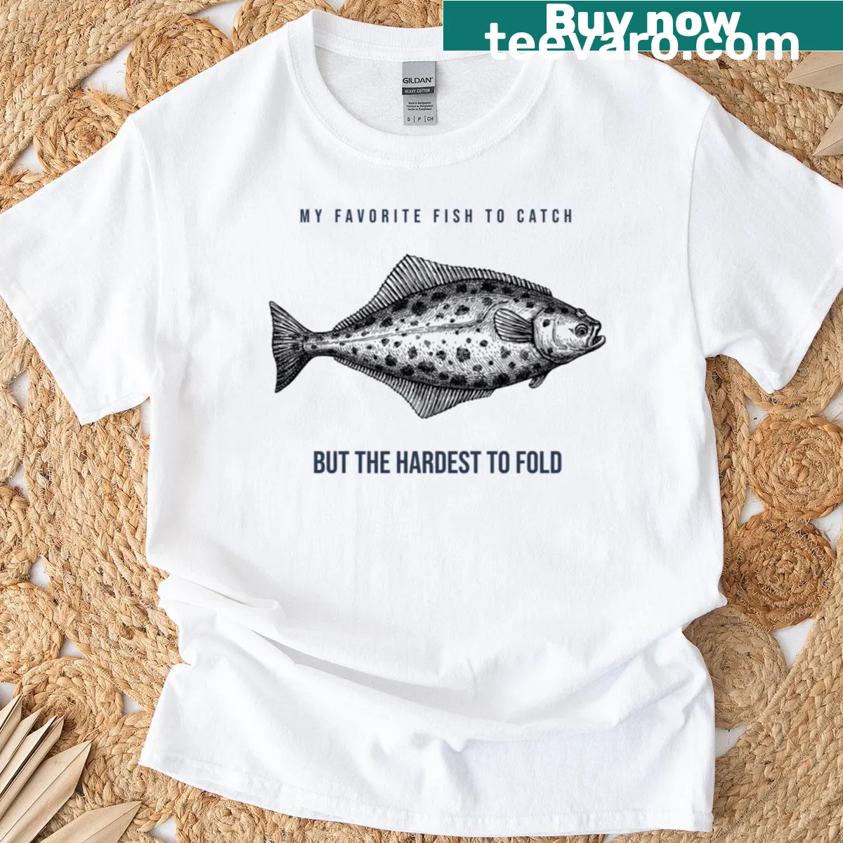 Funny fishing T-shirt featuring halibut design — on a men's t-shirt