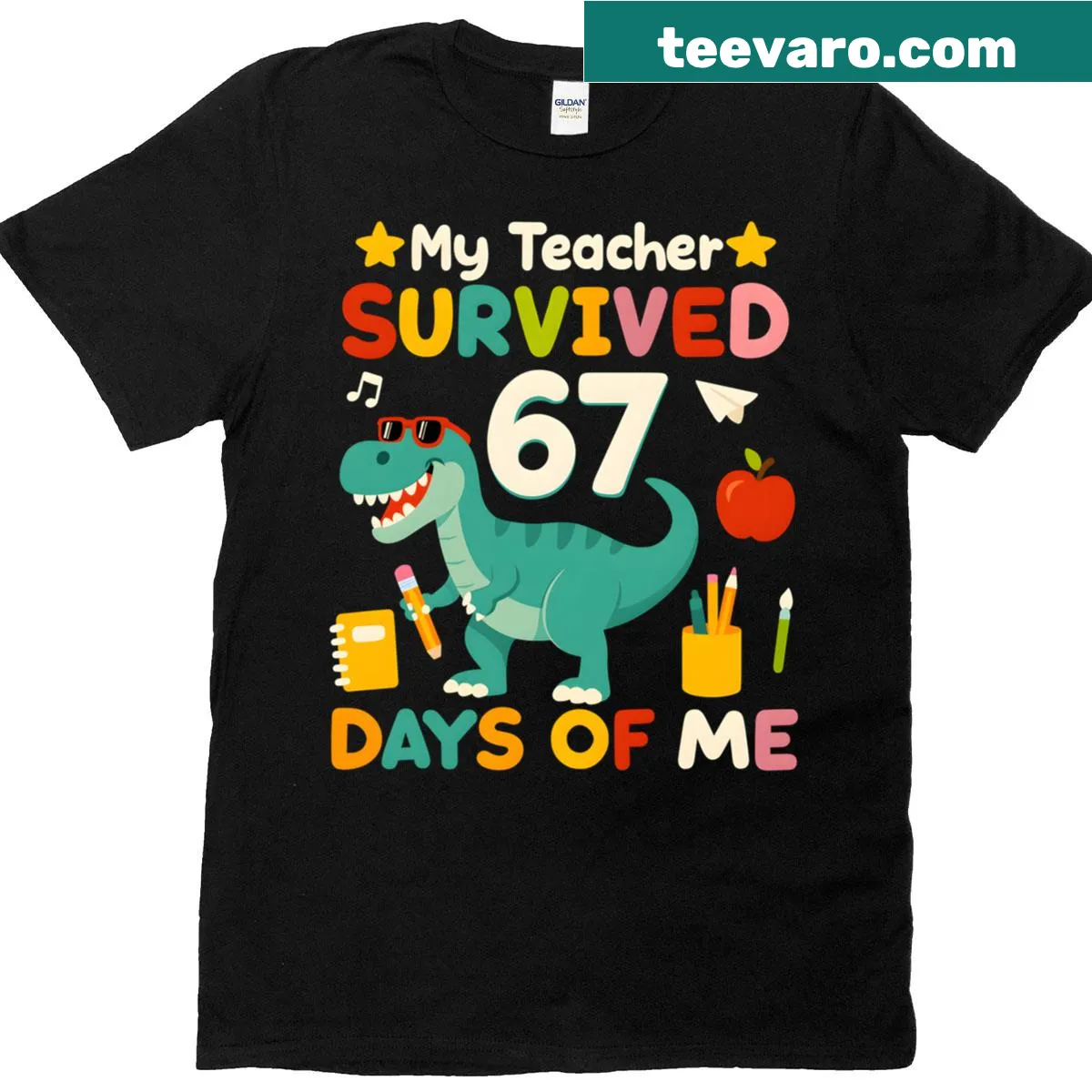 Funny teacher t-shirt with the phrase about surviving 67 days of school — on a men's t-shirt