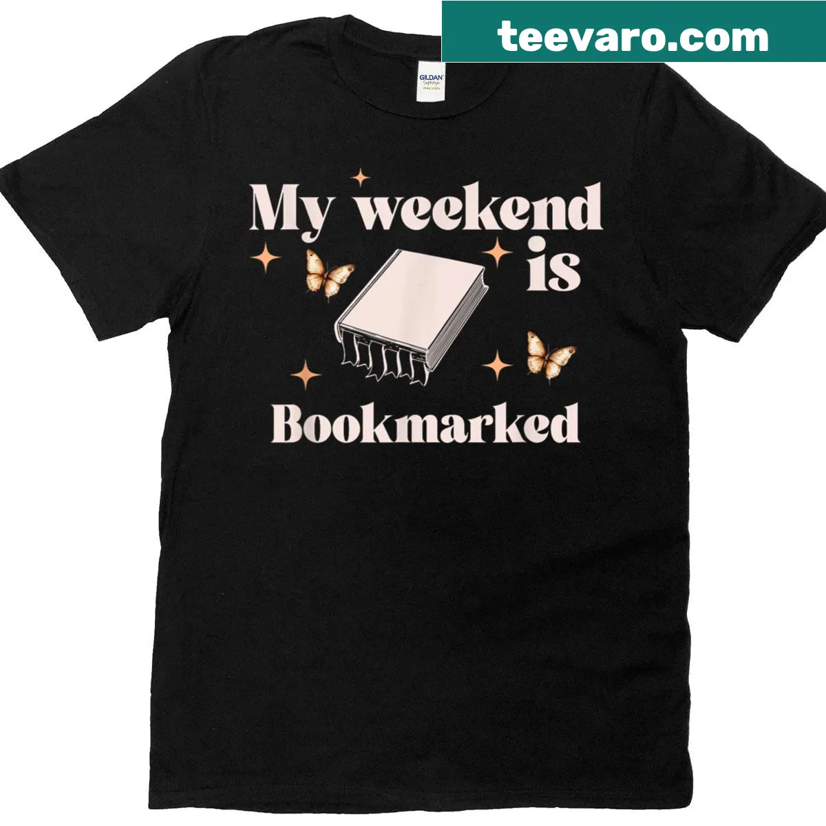 Typography design of 'My Weekend Is Bookmarked' on a reading t-shirt — on a men's t-shirt